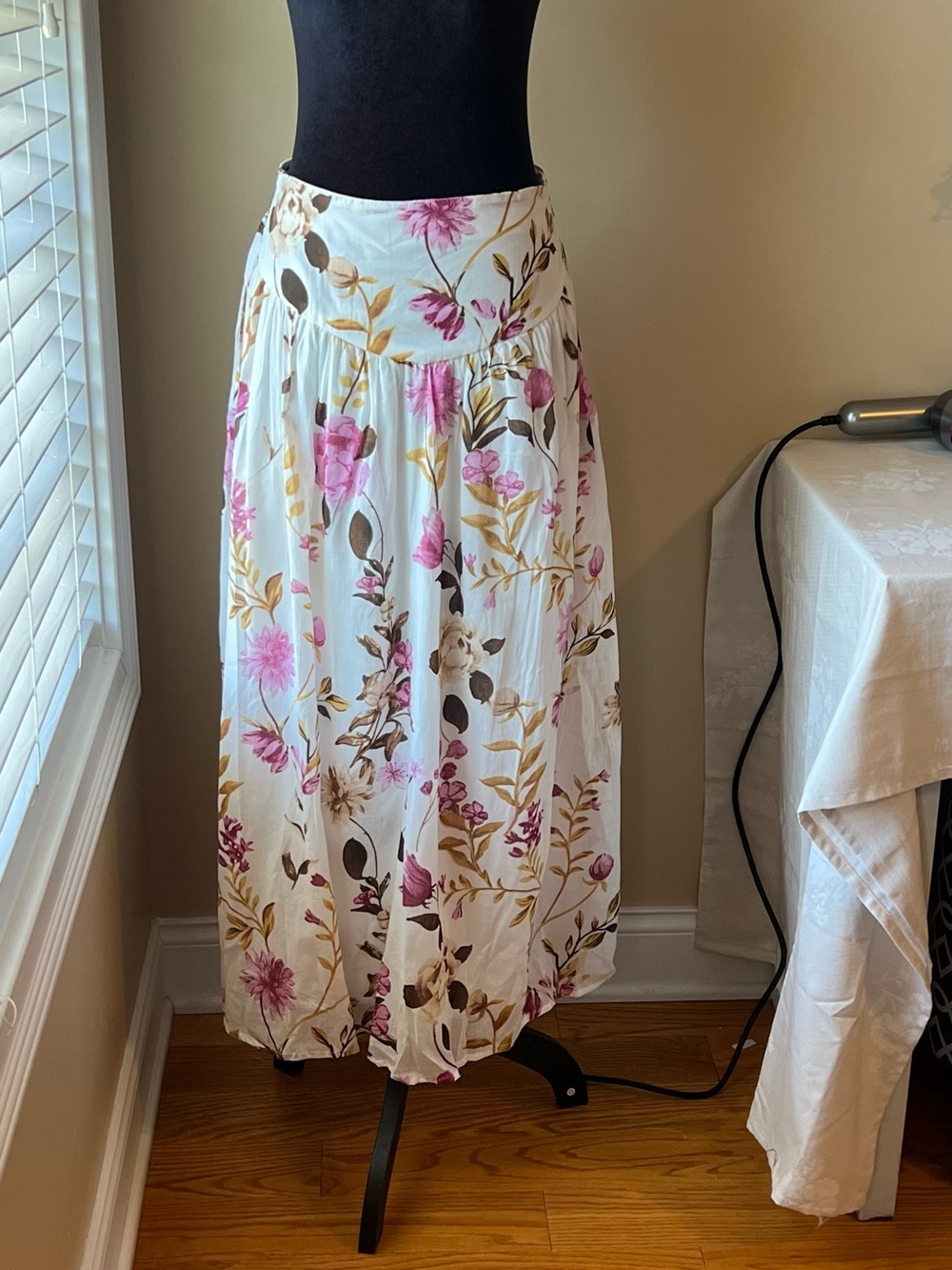 White Floral Maxi Skirt with Pink & Gold Botanical Print
